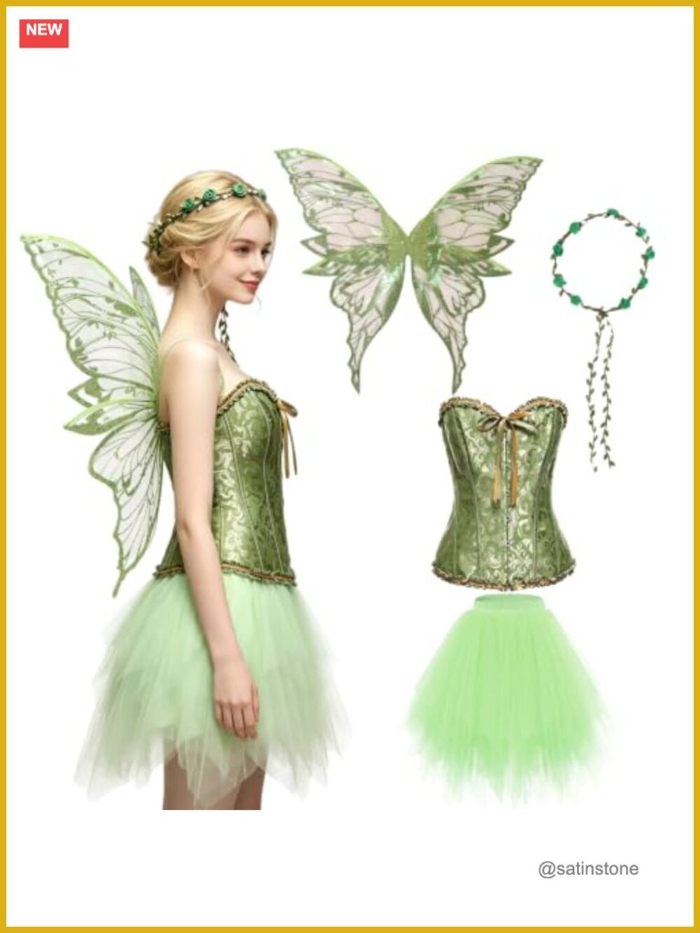 4 Pc Fairy Costume Set Corset Tulle Skirt Butterfly Wings Cosplay Halloween